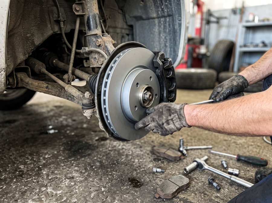 Gloved hands working at an exposed brake rotor and wheel hub with tools on the shop floor