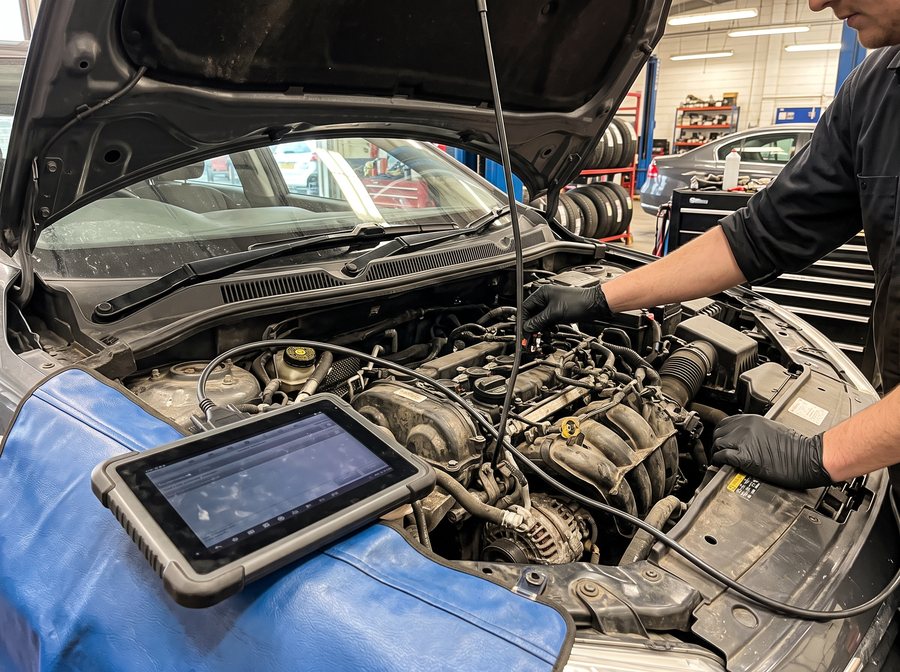 A diagnostic scan tablet resting on a fender above an open engine bay