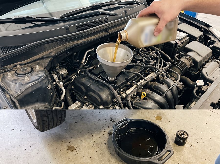 Fresh motor oil being poured through a funnel into an engine